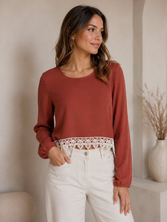 Forever 21 Tops - Forever 21 Rust Lace-Hem Boho Blouse | Long Sleeve | Size S